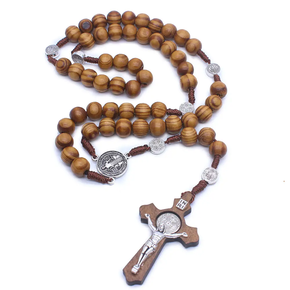 ZY001 garantía de comercio de madera hecho a mano con cuentas St Benedict de aleación de Metal Cruz colgante collar Rosario Católico joyería religiosa