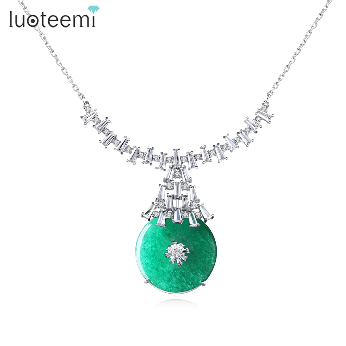 LUOTEEMI Green Round Jard Pure Stone Necklace Brass Chain Pendant Necklace for Women GIfts Wholesale