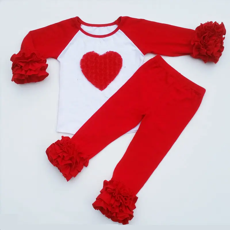 Pakaian Valentine Anak Perempuan, Set Baju Kerut Icing Merah Bayi Anak-anak Gadis Grosir Pakaian Butik Anak-anak