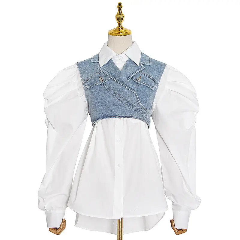 2021 neue Ankünfte Beliebte Jeans Denmin Westen Mit Weiß Puff Sleeve Tops Blusen Langarm Zwei Stück Set Frauen Kleidung