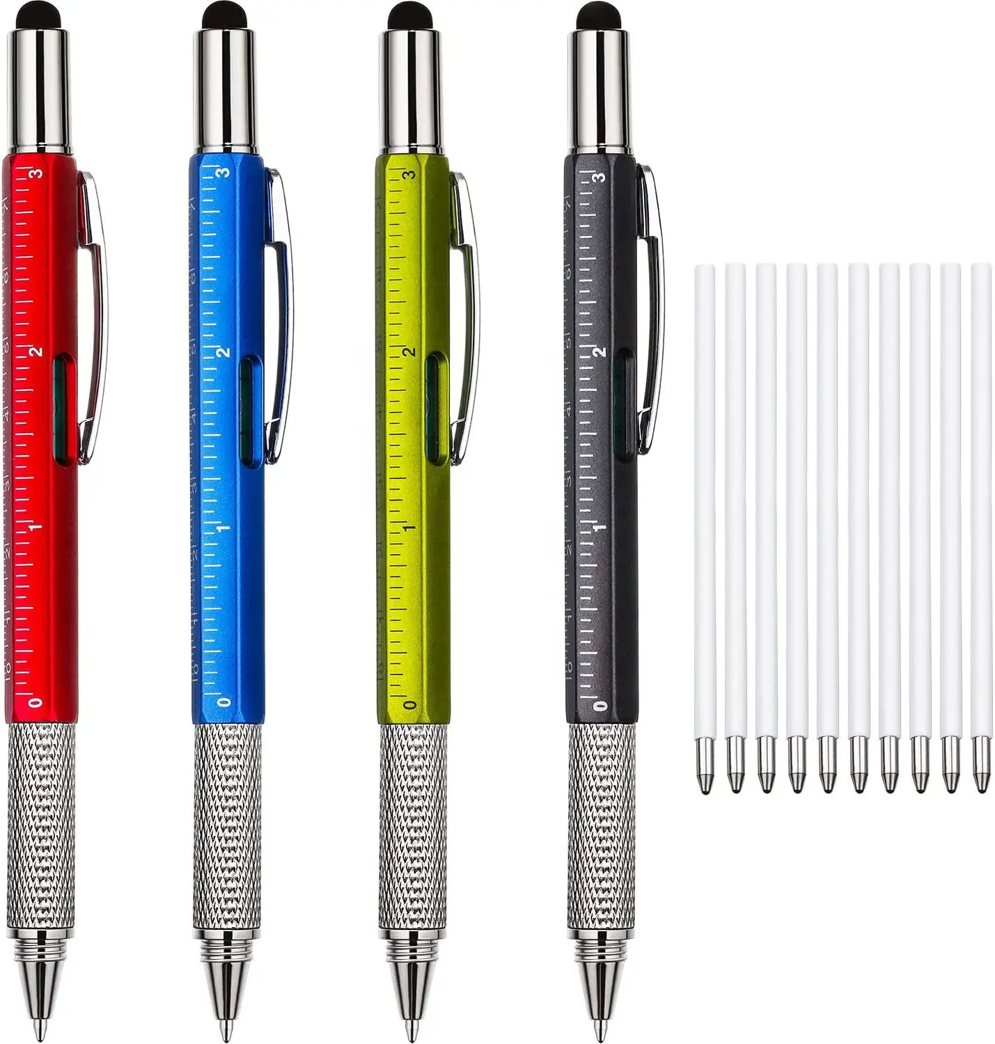 4 buah pena hadiah untuk pria 6 in 1 Multitool pena obeng pena dengan penggaris, Levelgauge, pulpen dan pena isi ulang