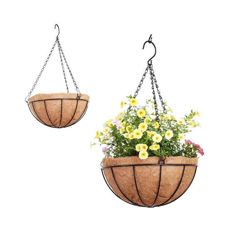 Metal Hanging Planter Basket with Coco Coir Liner Chain Round Wire Plant Holder Flower Pots Hanger Garden Decoration