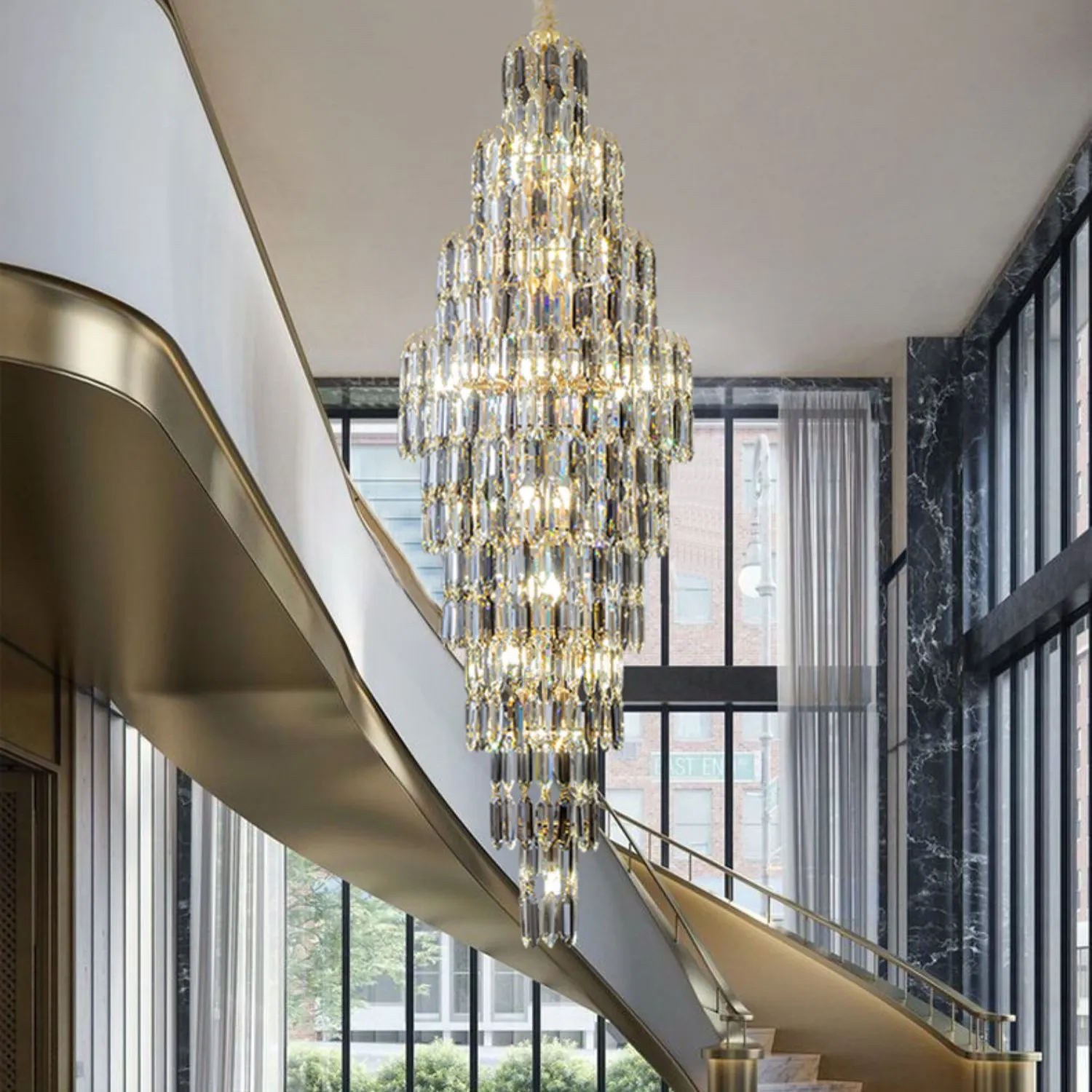 Candelabro de cristal moderno Langju para escalera, vestíbulo de lujo, accesorio de luz colgante largo, decoración grande para el hogar, lámpara de Cristal Led dorada