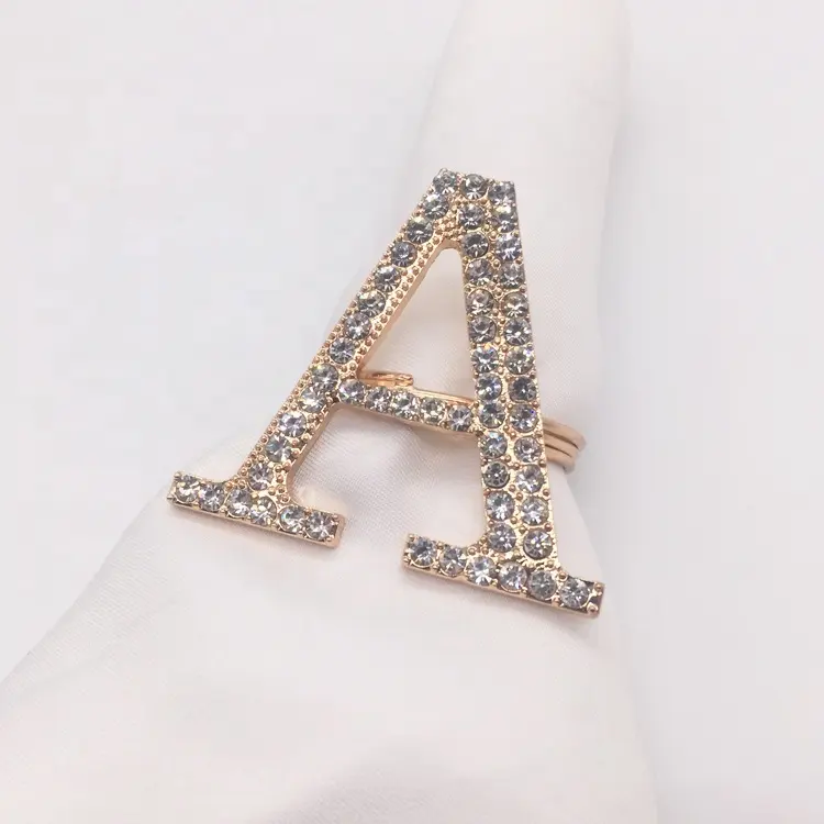 Anel de guardanapo nome do alfabeto, de strass, anel de metal dourado para fantasia, acessórios de decoração de mesa de casamento