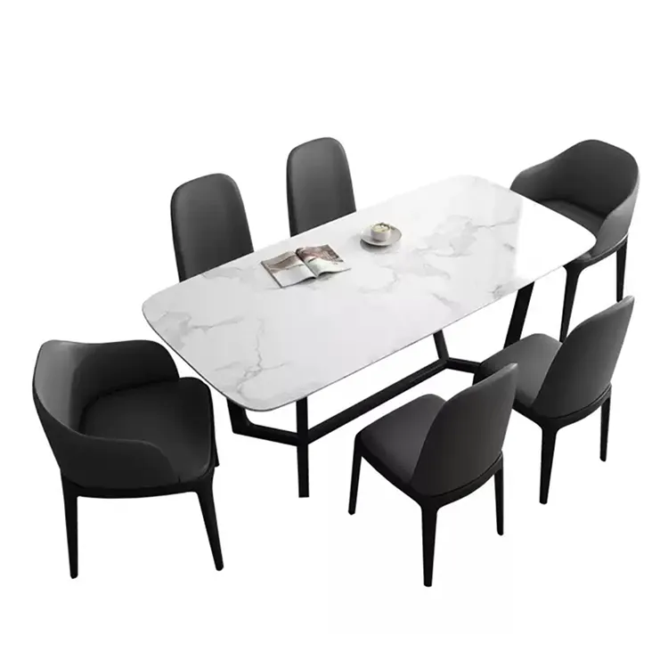 Современный обеденный стол в скандинавском стиле, Прямоугольный Обеденный Стол Из спеченного камня, с топом из белого искусственного мрамора, с черной рамой из массива ясеня, кожаный стул на 6 мест
