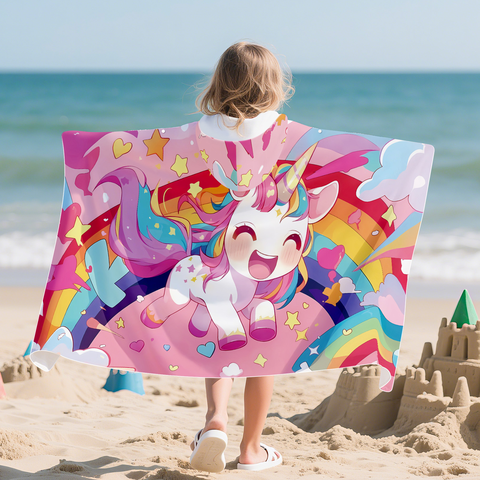 Rainbow unicorn-quick-dry hooded snap button