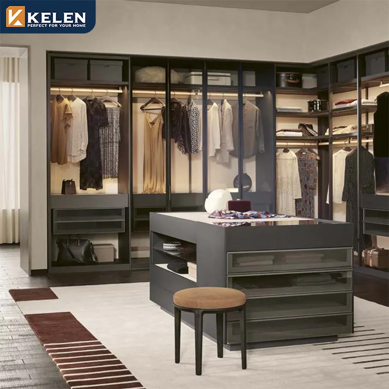 Kelen 2024 moderno armário de vidro de metal mdf com espelho para quarto, guarda-roupa personalizado, organizador de roupas personalizado