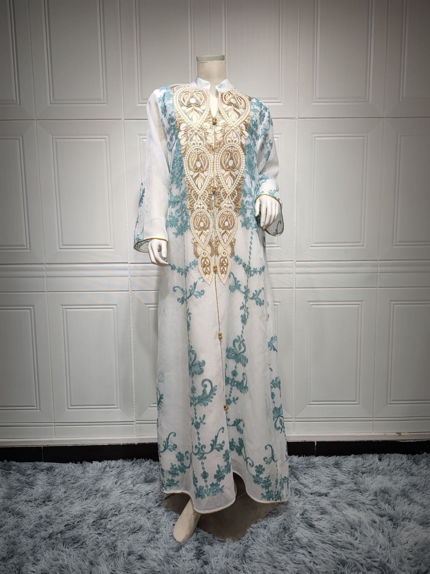 Dubai Arab Eid Al Fitr Middle East Gold Sequin Floral Embroidered Muslim Woman White Yarn Jalabiya Maxi Long Knee Length Dress