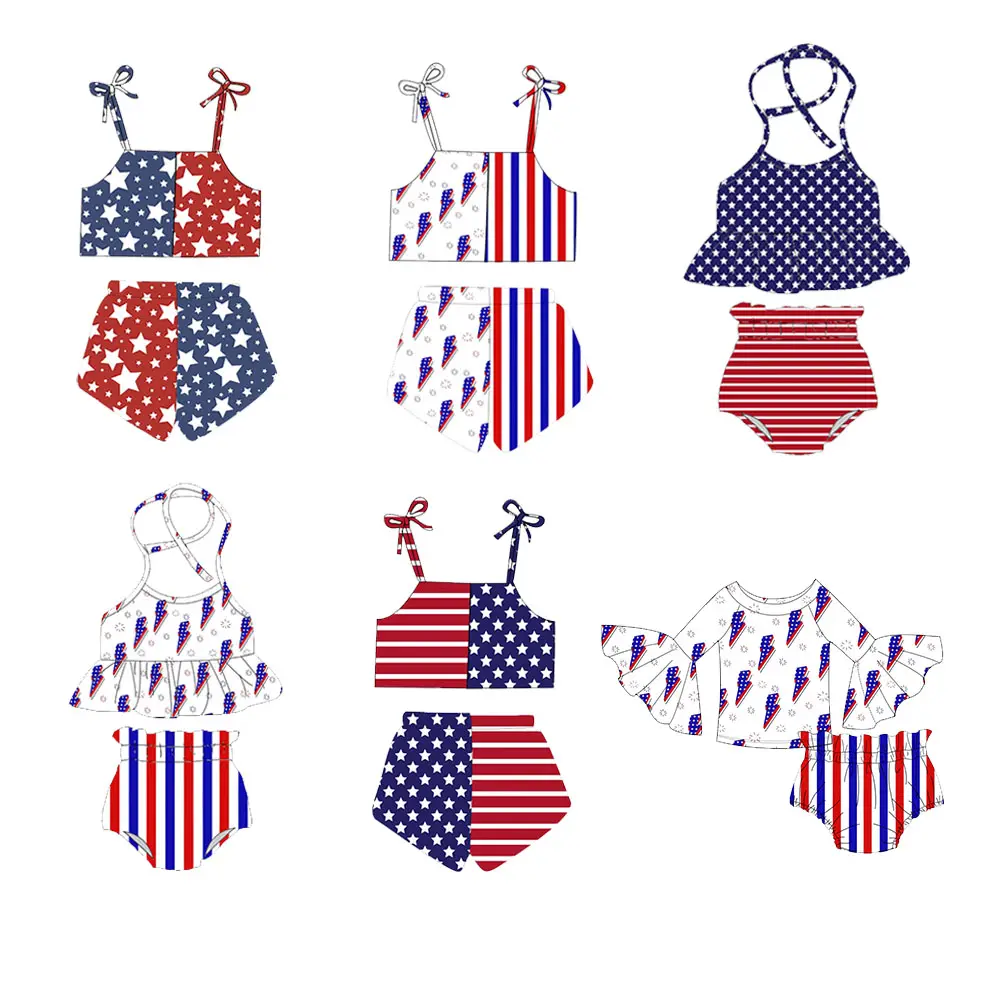 Neues Design heißer Verkauf Stil Sommer Baby Mädchen Kleidung 4. Juli Kurzarm Set Milch Seide Material Kinder Outfit
