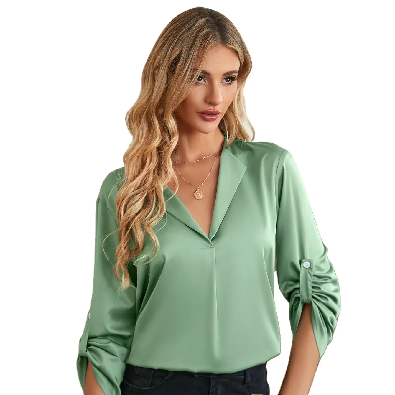 MOQ1 PCS blusa de entrega rápida para mulheres camisa de escritório com decote em V e blusa camisa feminina