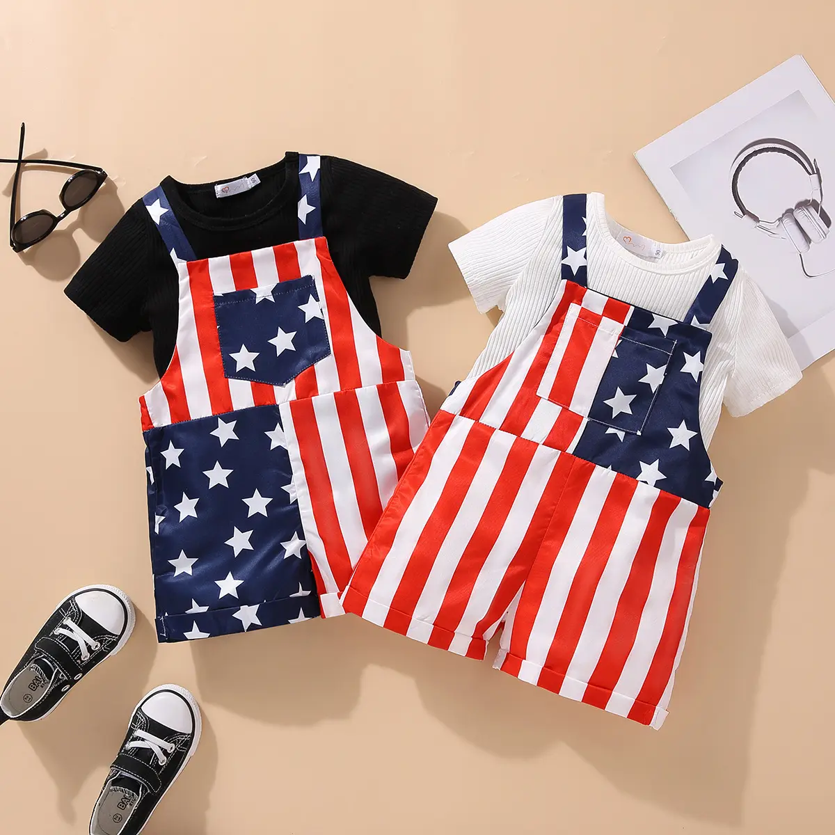 रेरेवे न्यू 4 जुलाई बच्चों के कपड़े देशभक्तिपूर्ण यूएसए ध्वज सितारे धारियां बेबी बॉय गर्ल सस्पेंडर ट्राउजर शॉर्ट्स समग्र जंपसूट