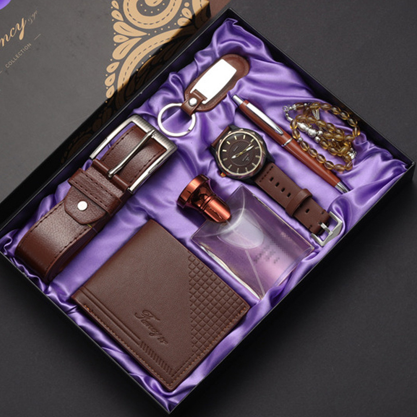 Set da caffè da 8 pezzi: cintura-portafoglio- orologio-profumo-rosario-portachiavi-penna