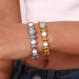 Titanium Steel With 18K Gold Plated Oval Azurite <strong>White</strong> <strong>Jade</strong> Opening Jewelry 18K Gold Plated Stainless Steel Bracelets - Product Image 4