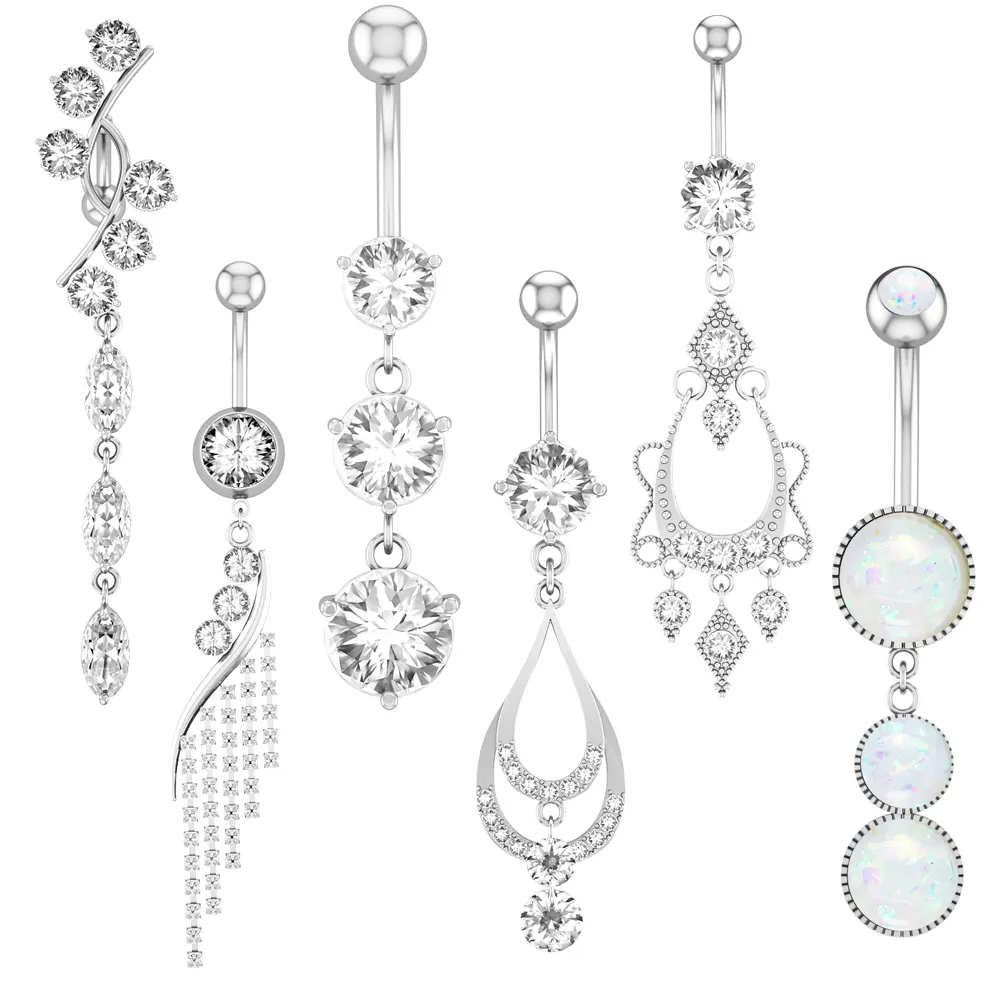 Barre de Piercing de nombril Sexy fleur barre de ventre en acier inoxydable lanterne grand Zircon opale Piercing de nombril Dangle bijoux de corps 10 pièces/ensemble