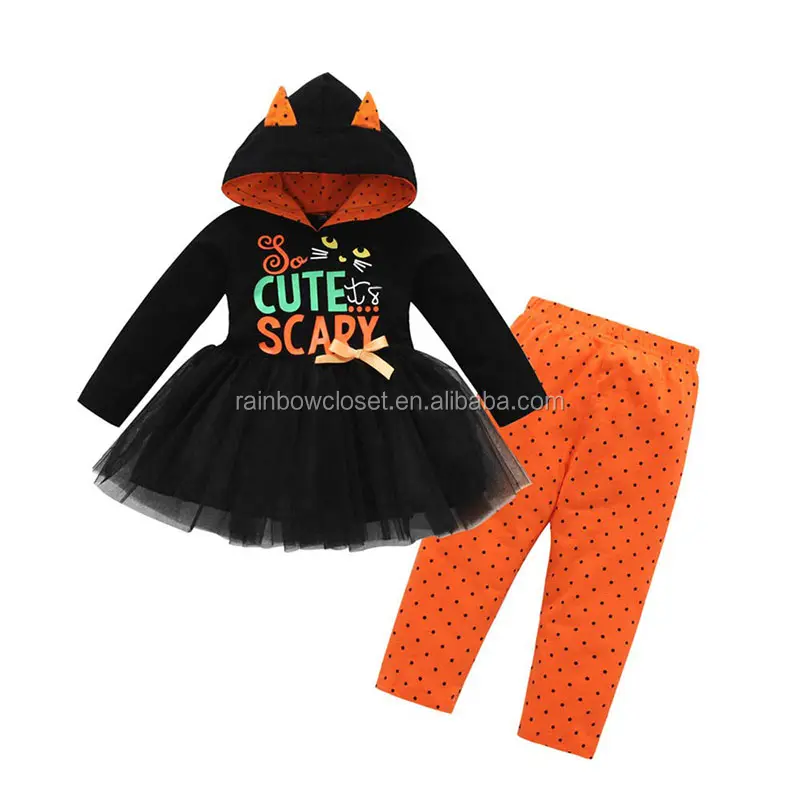 Meninas manga longa vestido hoodie traje roupas crianças laranja abóbora Halloween festival roupas crianças define duas peças