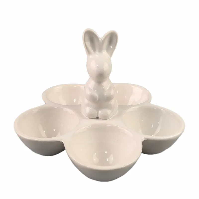 Divertente coniglietto Design piatto in ceramica per uova di pasqua dipinto a mano piatto porta uova di coniglio per regalo o decorazione