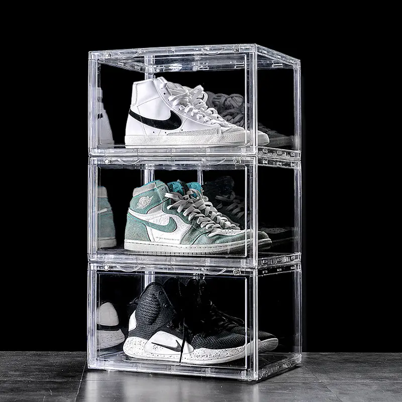 Offre Spéciale de sésame empilable pliable étanche à la poussière magnétique goutte acrylique transparent caisses de baskets boîte à chaussures