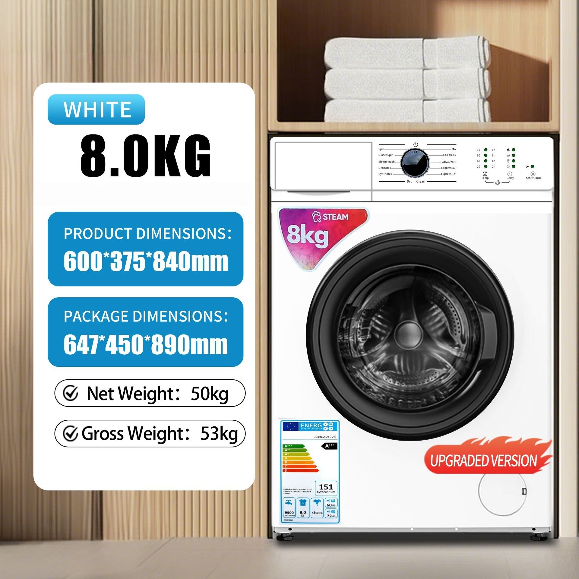 White 8KG Inverter Front Load Washing Machine