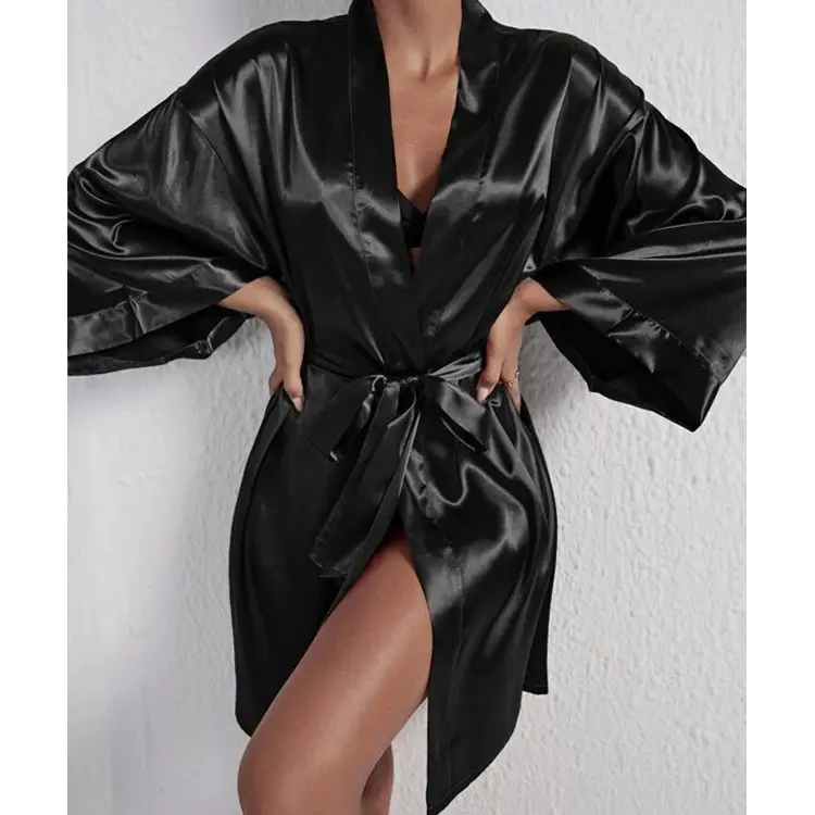 Robe de seda curta para mulheres, luxuosa, preta, sexy, roupa de dormir feminina de seda, kimono personalizado 100%, de amoreira, em massa