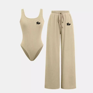 2025 yeni tasarım kadınlar Bodysuit eşleşen setleri 2 parça setleri düz renk nervürlü Romper ve İpli pantolon seti - Product Image 1