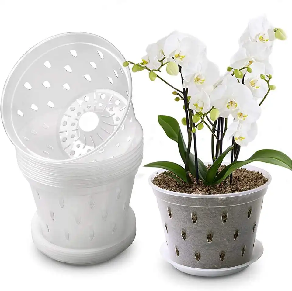 Vaso di orchidea di fiori di piante di plastica trasparente di vendita calda di alta qualità con fori per uso interno ed esterno in giardino