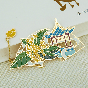 工厂定制中式花卉书签软珐琅金属书签链定制金属书签 - Product Image 3