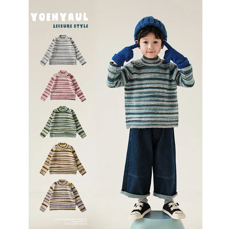 Maglione a righe a forma di mezza tartaruga da ragazzo con spalla anteriore ampio sfumato invernale nuovo maglione ispessito per bambini