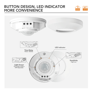 Interruptor de sensor de movimiento de alta sensibilidad con detección de 360 °, sensor PIR montado en el techo, temporizador de ajuste y sensibilidad a la luz