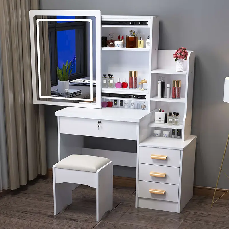 Haute qualité moderne européen tiroirs stockage chambre meubles nordique blanc vanité maquillage coiffeuse avec miroir et tabouret