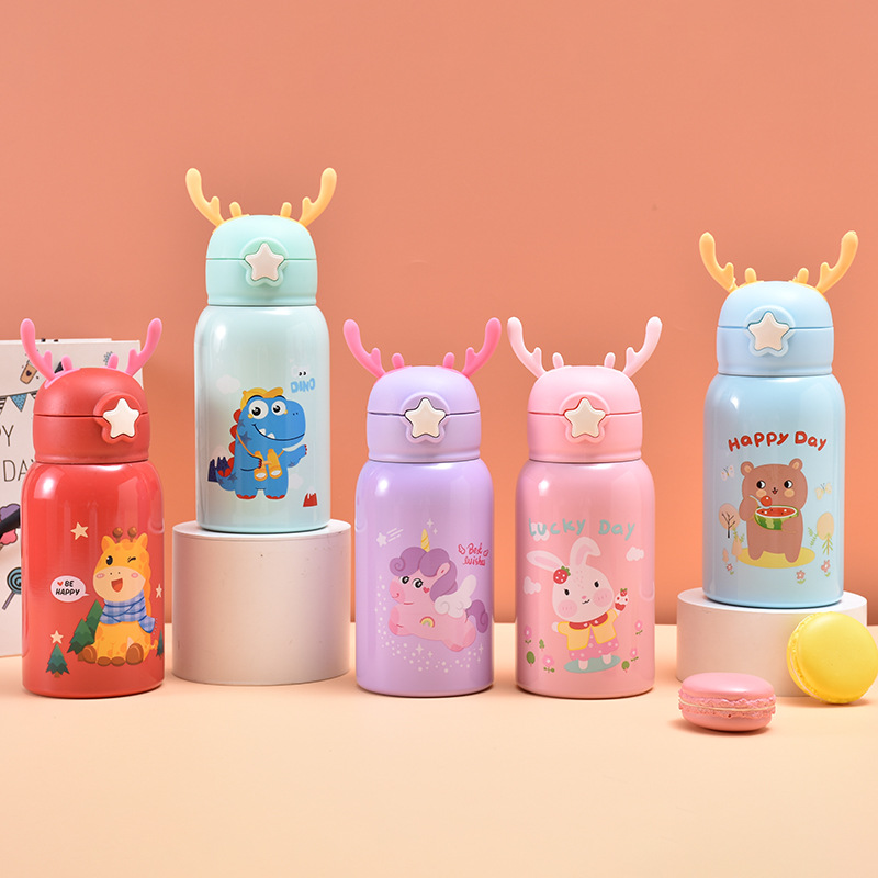 Seaygift Cartoon Deer <strong>Horn</strong> Kids Vacuum Insulated <strong>Cups</strong> Mugs 1 <strong>Cup</strong> 2 Lids Children Stainless Steel Thermos Water Bottle with Straw - Product Image 4