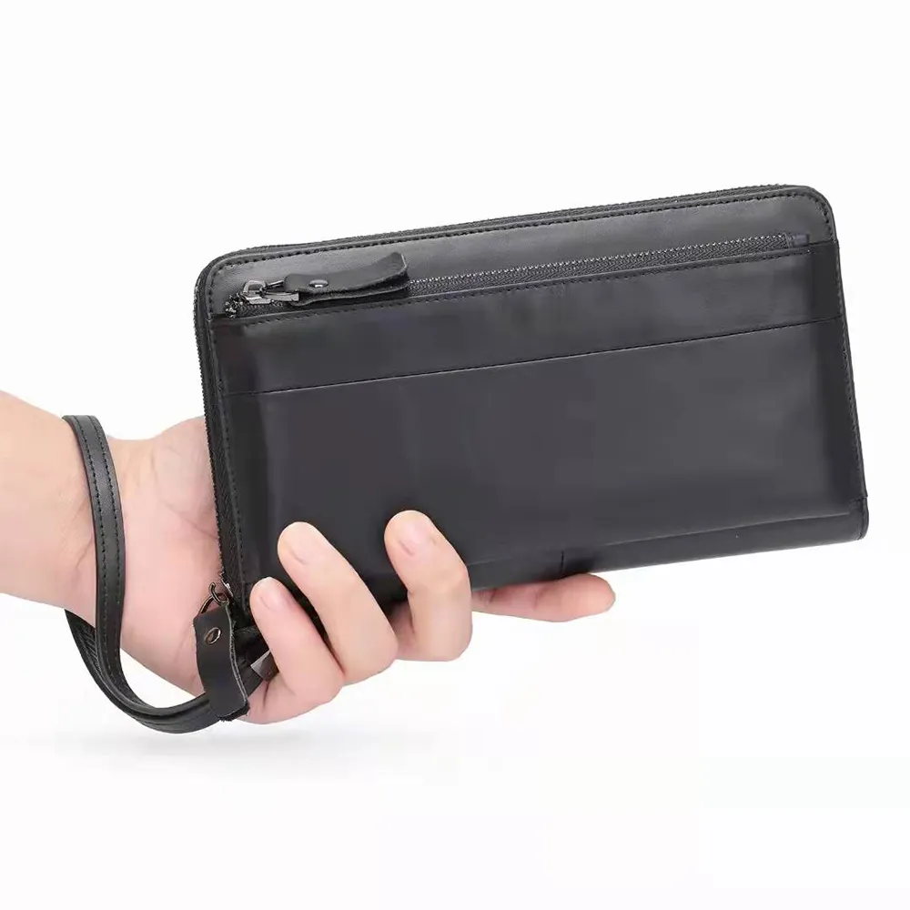 Carteiras de couro de vaca para homens, carteiras da moda com zíper, bolsa de couro para dinheiro, carteira com clipe para passaporte