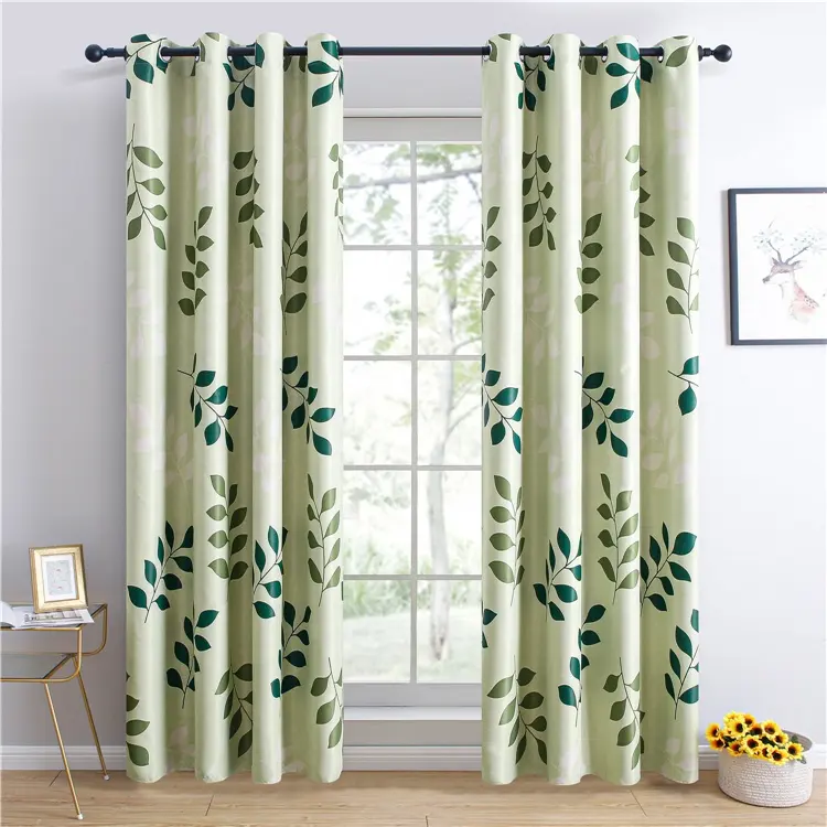 Customized Window Rideau Polyester Drapes Green Leaves Printing Blackout Fabric Curtain For Bedroom