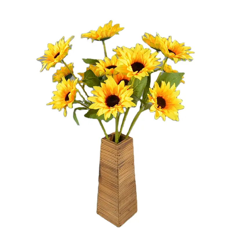 Nuevo diseño Rama única 55Cm Girasol Flor de seda artificial 3 cabezas Rama de girasol