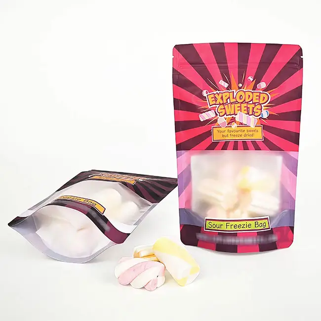 Op Maat Gemaakte Doypack Snack Marshmallows Candy Sweet Packags Heat Seal Plastic Frosted Stand Up Pouch Met Raam 100G