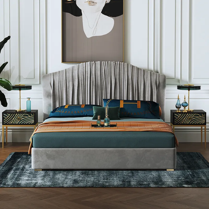 럭셔리 현대 맞춤 디자인 패브릭 벨벳 그린 그레이 킹 사이즈 퀸 사이즈 침대 프레임 침대 머리판 침실 세트