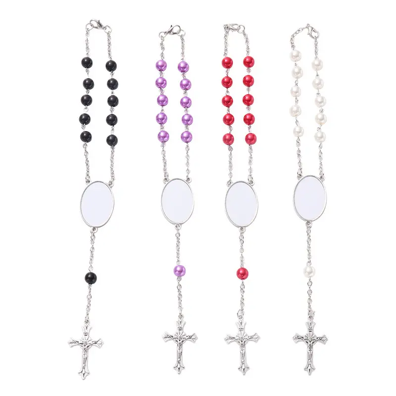 Braccialetti del rosario degli spazi vuoti di sublimazione di bianco/nero/rosso/viola con la croce per i regali su ordinazione