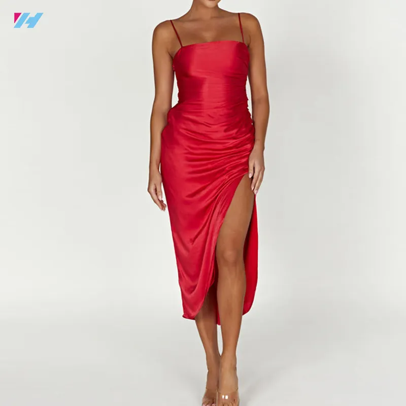 Vestido largo Midi con abertura de seda de satén rojo fruncido de cintura deslizante informal elegante personalizado para mujer