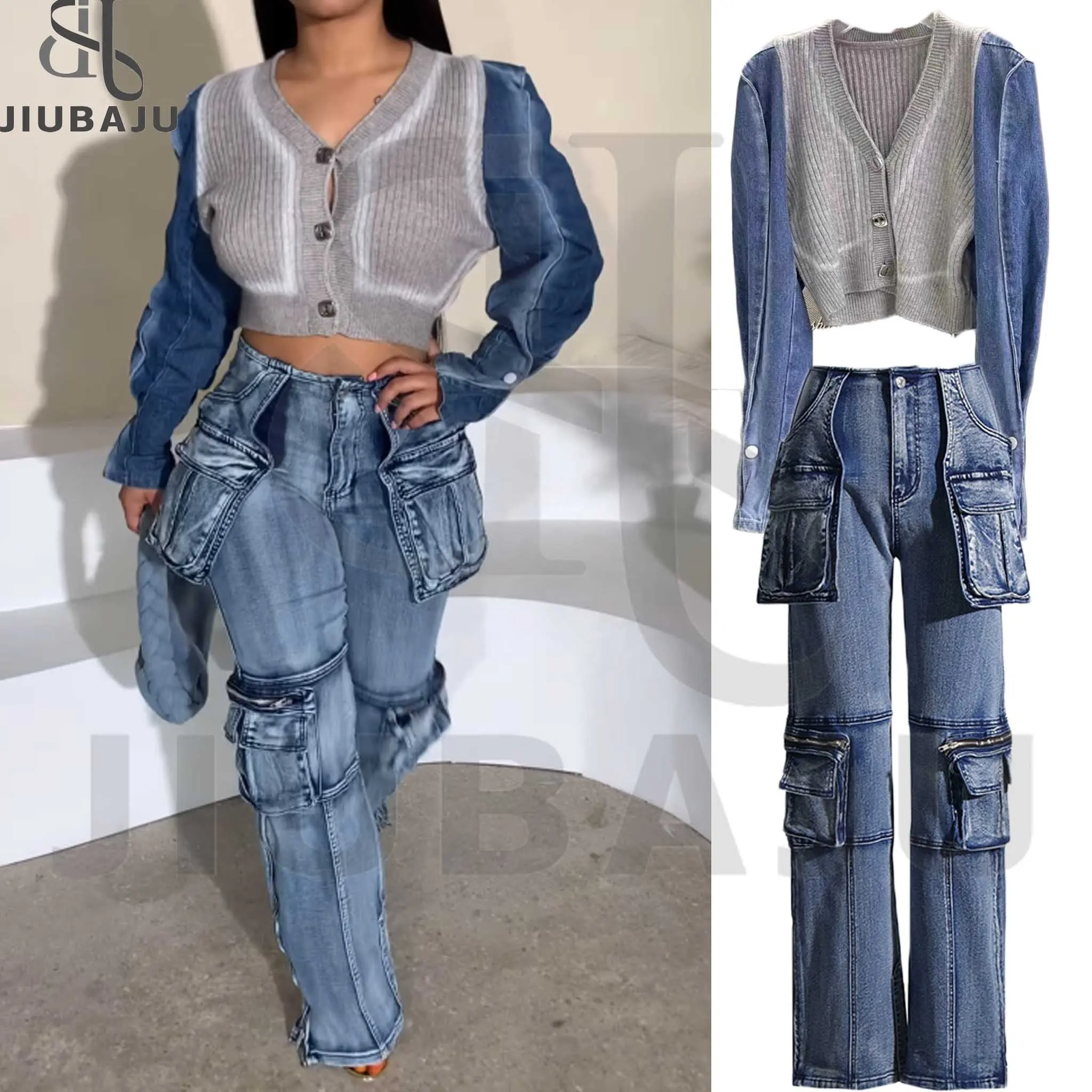 Damen Frühjahrsanzug 2024 New Freizeithemd Bluse Denim-Hose passende Set elegantes gestricktes Pullover Jeans 2-teilig