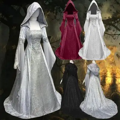 Traje renascentista medieval, maxi vestido de trem renascentista, para mulheres halloween, devil pagão, bruxa, traje de casamento, fantasia com capuz, cosplay