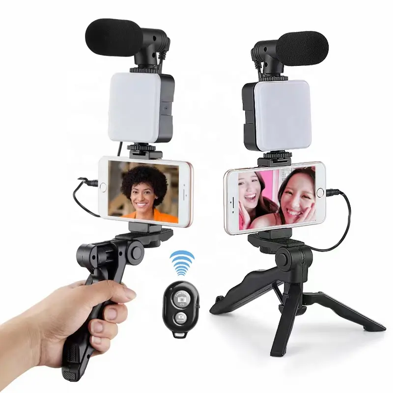 Kit de trípode Vlogging para teléfono inteligente, luz LED para Vlog, transmisión en vivo, micrófono, vídeo, muestra gratis, AY-49