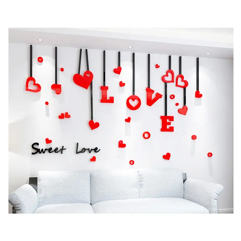 Amor romântico 3D Acrílico Adesivos De Parede Moderno Personalizado Coração Em Forma De Acrílico Decoração De Parede Sala De Estar Adesivo De Parede