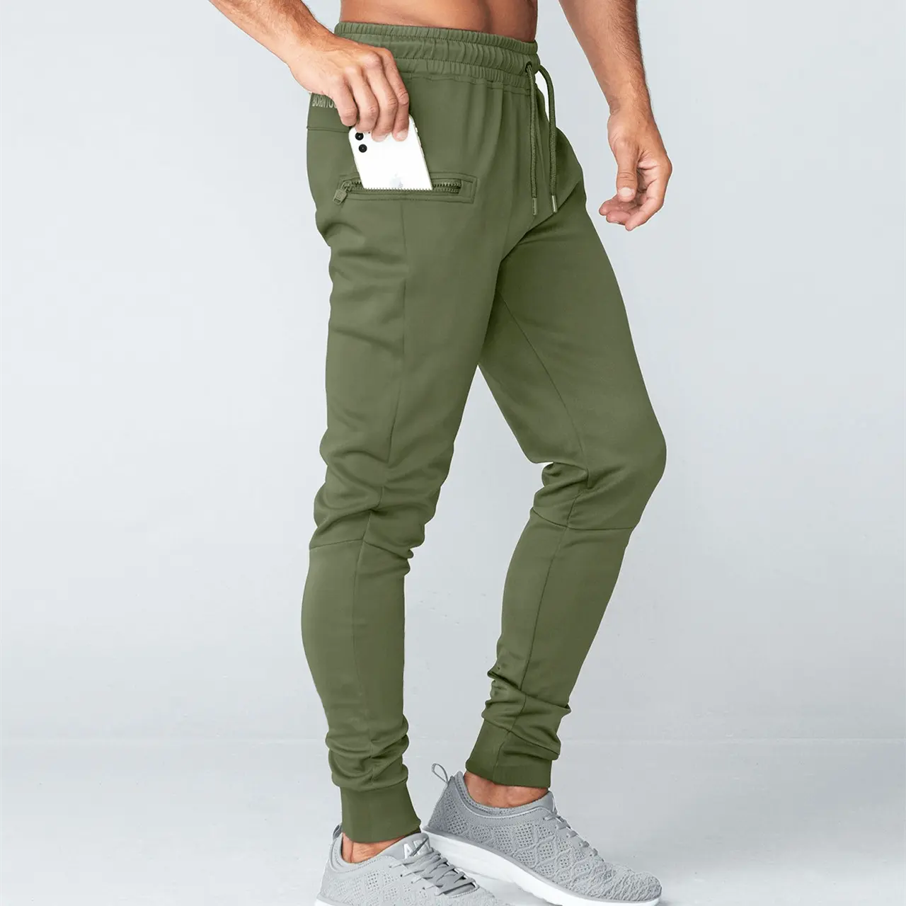 Son derece gerilebilir eşofman Mens Joggers rahat pantolon askeri yeşil bel döngü tutun gömlek/havlu