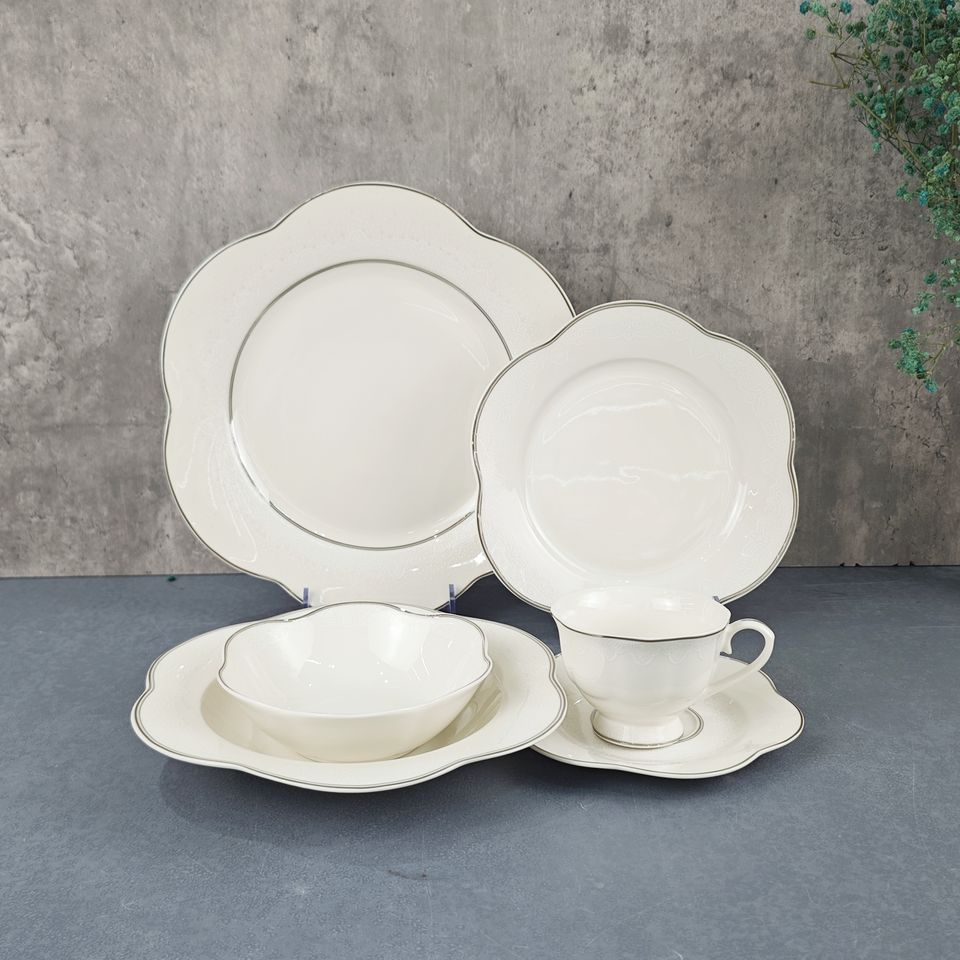 New Bone China Cut Edge Dinner Plate Bowl Cup And Saucer With Golden Rim Ceramic 30pcs Tableware Set 2