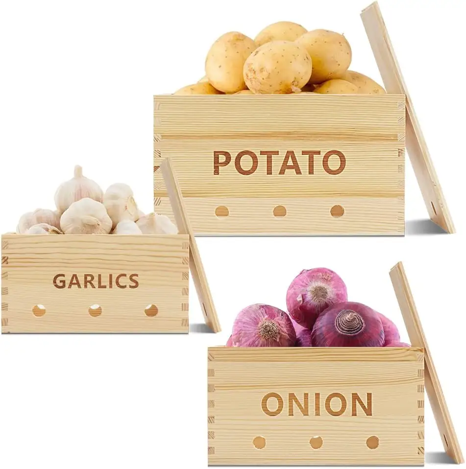 Scatola portaoggetti da cucina in legno impilabile set di contenitori per alimenti contenitore per patate e cipolle con fori di aerazione