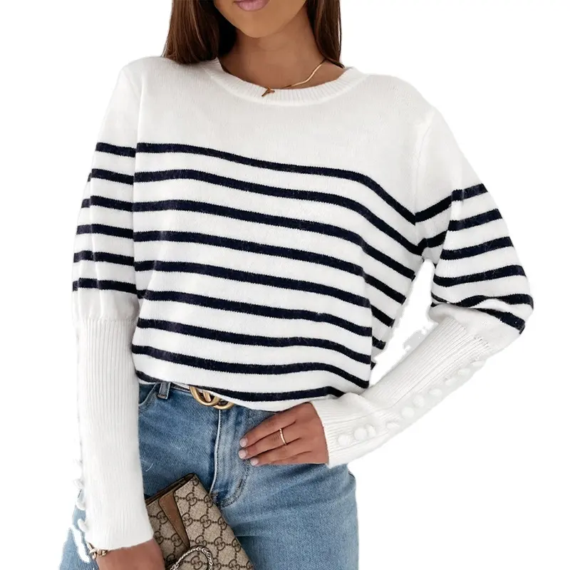 wholesaleO-neck jacquard knitting machine casual women long sleeve striped clothing crochet ladies top pullover knitwear sweater