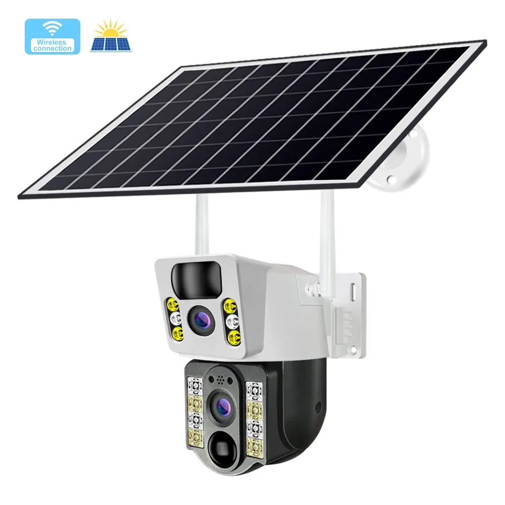 لوحة تعمل بالطاقة الشمسية مزودة بعدسة مزدوجة عالية الجودة مصابيح فلود لايت لاسلكية للخارج / داخلي كاميرا إنترنت مضيئة بدقة 4 ميجا بيكسل شبكة IP