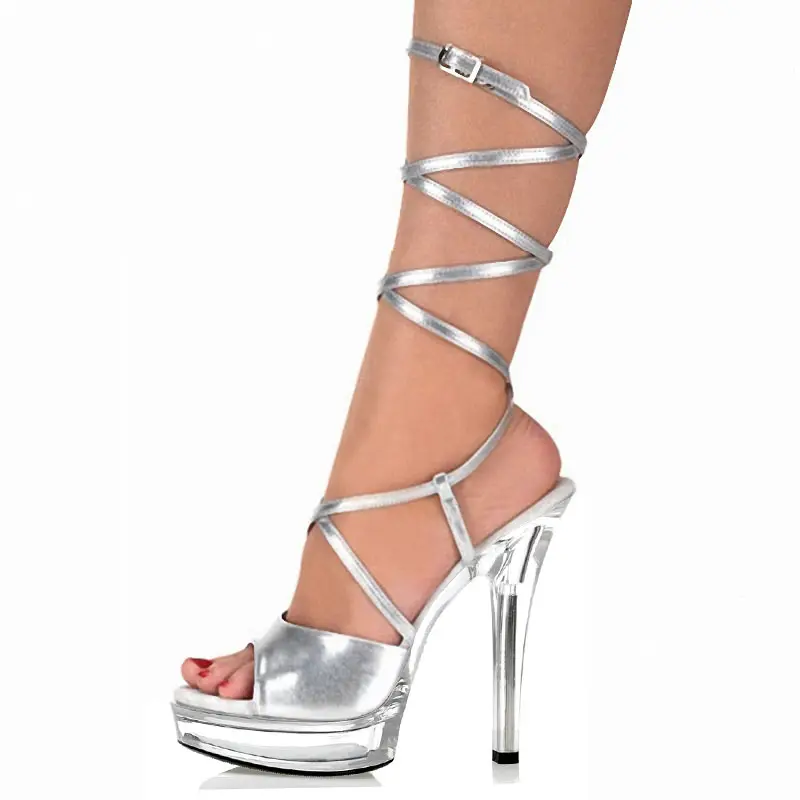 Sandalias de plataforma transparentes romanas para mujer, zapatos sexys de Stripper de 5 pulgadas, tacón fino de 13CM, plateadas, con cordones, Pole Dancing
