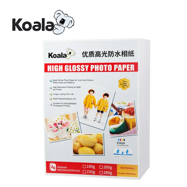 Koala A4 180g White High Glossy Inkjet Cast Coating Printing Photo Paper