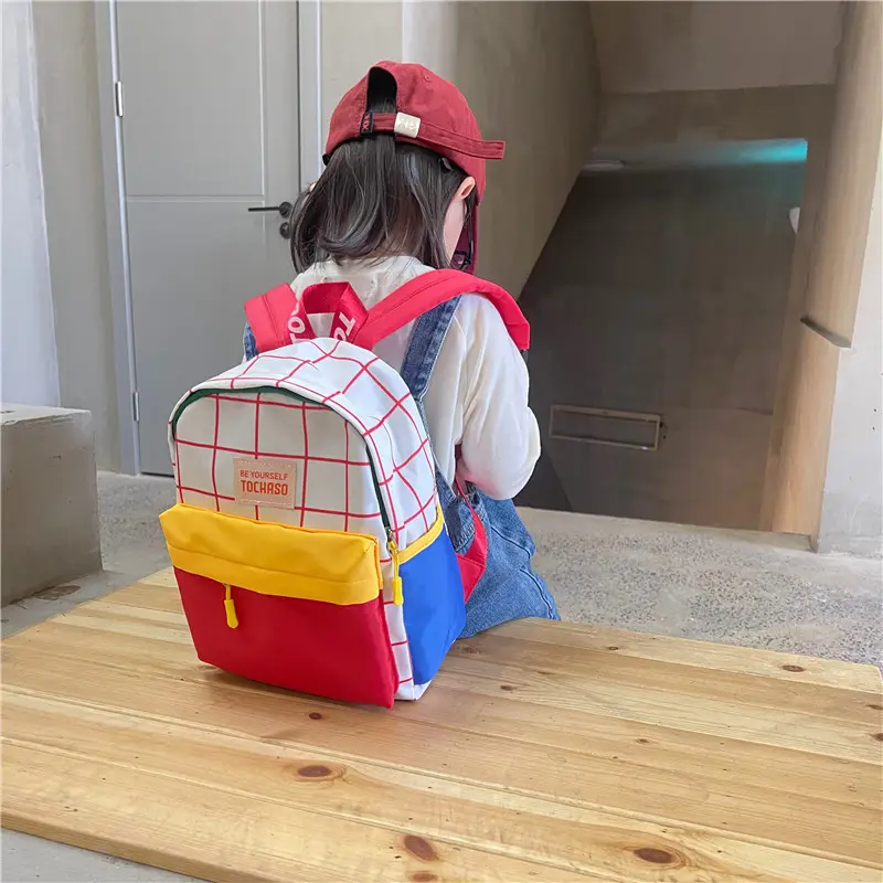 South Korea Children's Backpack Ins New Contrast Color Plaid Baby Boys and Girls Travel Backpack Kindergarten Small Bag