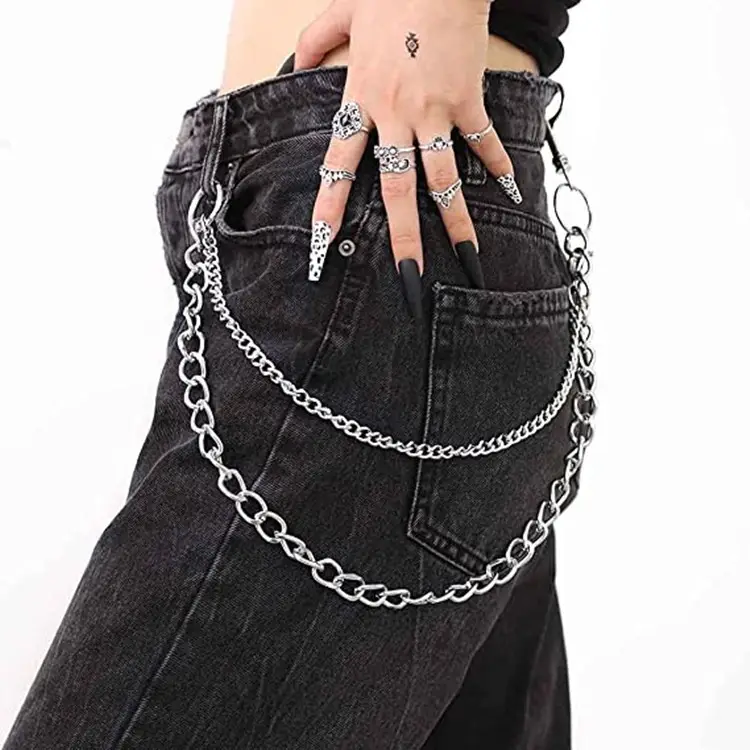 Pantalones de Hip Hop Jean Chain Goth Punk Pantalones Biker Heavy Thick Wallet Cadenas de bolsillo Llaveros de plata Joyería del cuerpo para hombres Mujeres
